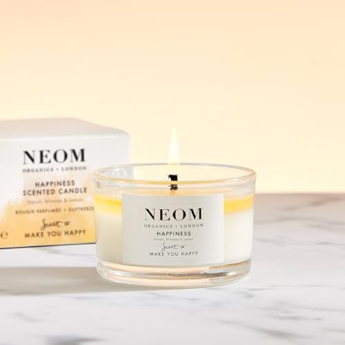 NEOM- Happiness Scented Candle, Travel Size | Essential Oil Aromatherapy Candle | Neroli, Mimosa & Lemon | Scent to Make You Happy