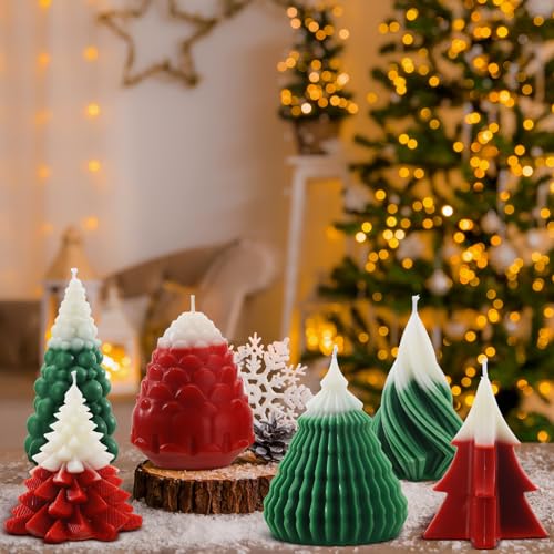 Mtlee 6 Pieces Christmas Soy Candles Scented Candles Winter Christmas Tree Cone Candles Home Decor Pinecone Candle Handmade Wax Candle for Bedroom Bathroom Party (Gradient Color, Tree)