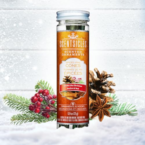 Scentsicles Spiced Pine Cones Scented Christmas Ornaments with Hooks - 1 Bottle (6 Sticks Total)