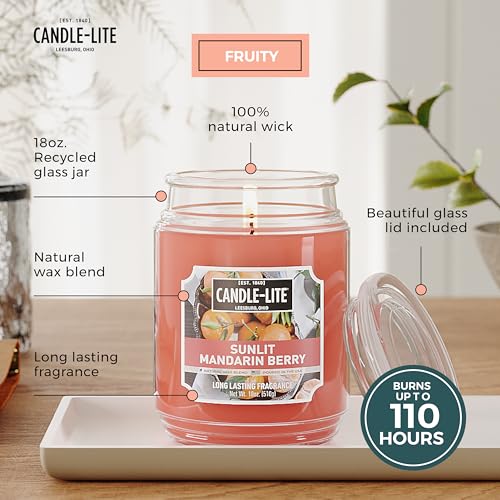 CANDLE-LITE Scented Sunlit Mandarin Berry Fragrance, One 18 oz. Single-Wick Aromatherapy Candle with 110 Hours of Burn Time, Orange Color, Jar (Individual Box)