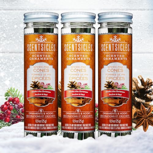 Scentsicles Spiced Pine Cones Scented Christmas Ornaments with Hooks - 3 Bottles (18 Sticks Total)