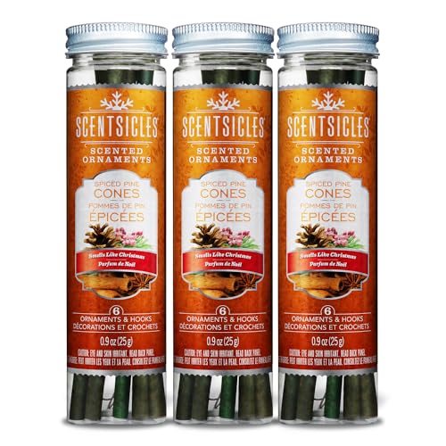 Scentsicles Spiced Pine Cones Scented Christmas Ornaments with Hooks - 3 Bottles (18 Sticks Total)