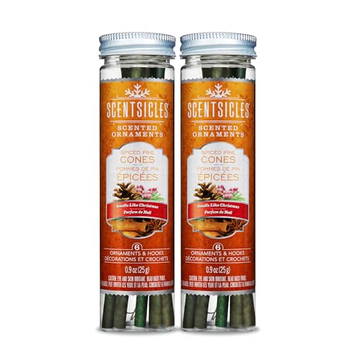 Scentsicles Spiced Pine Cones Scented Christmas Ornaments with Hooks - 2 Bottles (12 Sticks Total)