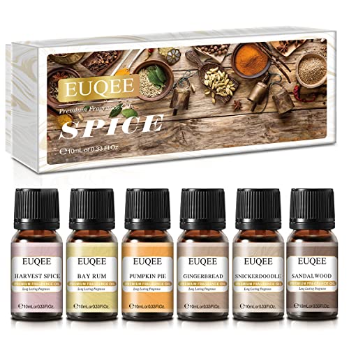EUQEE - 6pcs Premium Fragrance Oils Spice Gift Set, Sandalwood, Harvest Spice, Gingerbread, Pumpkin Pie, Bay Rum, Snickerdoodle, 10 ML Fragrance Oils for Diffuser & DIY Candles