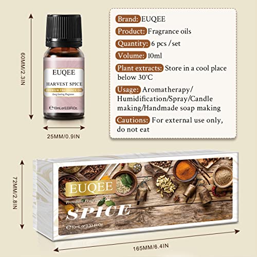 EUQEE - 6pcs Premium Fragrance Oils Spice Gift Set, Sandalwood, Harvest Spice, Gingerbread, Pumpkin Pie, Bay Rum, Snickerdoodle, 10 ML Fragrance Oils for Diffuser & DIY Candles