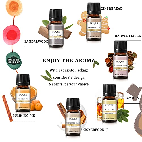 EUQEE - 6pcs Premium Fragrance Oils Spice Gift Set, Sandalwood, Harvest Spice, Gingerbread, Pumpkin Pie, Bay Rum, Snickerdoodle, 10 ML Fragrance Oils for Diffuser & DIY Candles
