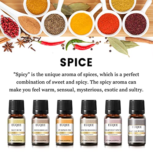 EUQEE - 6pcs Premium Fragrance Oils Spice Gift Set, Sandalwood, Harvest Spice, Gingerbread, Pumpkin Pie, Bay Rum, Snickerdoodle, 10 ML Fragrance Oils for Diffuser & DIY Candles