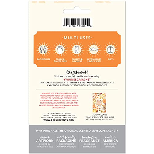 Willowbrook | Fresh Scents Scented Sachet Packet | Autumn Leaves | Air Freshener Bags for Drawers, Closets, Cars | 3 Pack | Long Lasting Home Fragrance