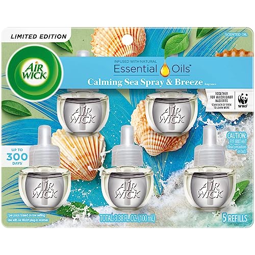 Air Wick Plug in Scented Oil Refill, 5ct, Calming Sea Spray & Breeze, Air Freshener, Essential Oils
