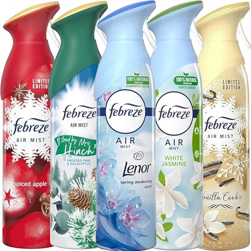 Febreze Air Freshener Spray Variety Set, 5 Count Assorted Scents Home & Bathroom Deodorizer, Spring Awakening, White Jasmine, Spiced Apple, Vanilla Cookie, Frosted Pine and Eucalyptus, 10.14 Oz Each