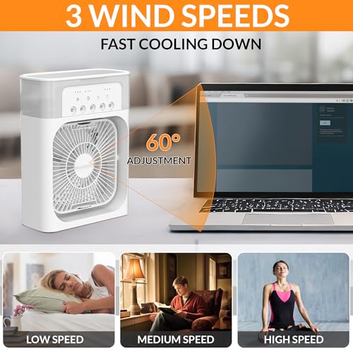 Portable Ice Fan Air Cooler With water For Frost Cube Fan, 3 In 1 Mist Mini Evaporative Cooling Fan with LED, Timer, 3 Wind Speeds 3 Spray Modes for Home Office Bedroom Table and Desktop