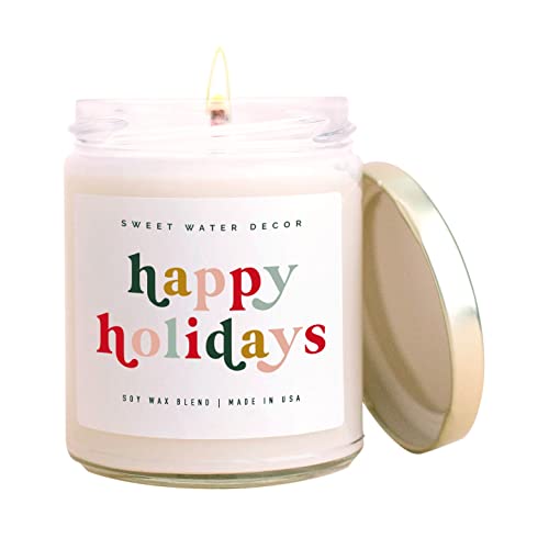 Sweet Water Decor Happy Holidays Soy Candle | Cinnamon, Trees, and Cloves Scented Candles for Home | 9oz Clear Jar, 40+ Hour Burn Time, Made in The USA | Christmas Candles for Home
