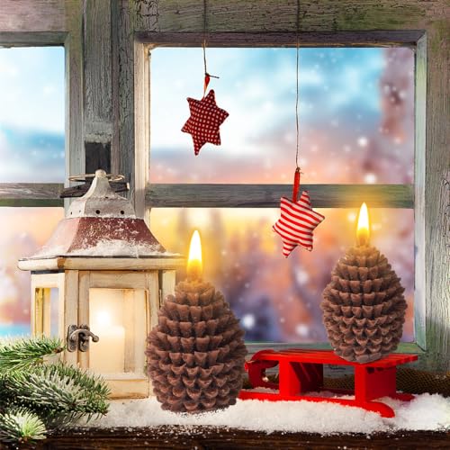 2 Pcs Large Christmas Candles Decor, Christmas Tree Pine Cone Scented Candle Tea Lights Candles Soy Wax Aromatherapy Candles Gift for Christmas Party Decor Home Table Holiday New Year Decorations