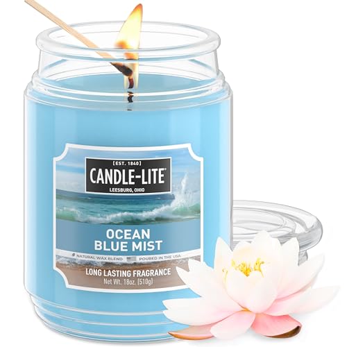 CANDLE-LITE Scented Ocean Blue Mist Fragrance, One 18 oz. Single-Wick Aromatherapy Candle with 110 Hours of Burn Time, Light Color (Individual Box)