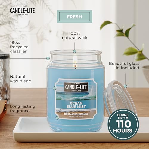 CANDLE-LITE Scented Ocean Blue Mist Fragrance, One 18 oz. Single-Wick Aromatherapy Candle with 110 Hours of Burn Time, Light Color (Individual Box)