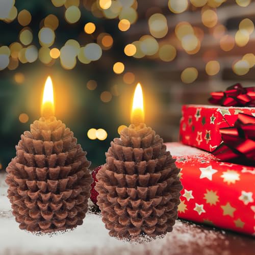 2 Pcs Large Christmas Candles Decor, Christmas Tree Pine Cone Scented Candle Tea Lights Candles Soy Wax Aromatherapy Candles Gift for Christmas Party Decor Home Table Holiday New Year Decorations