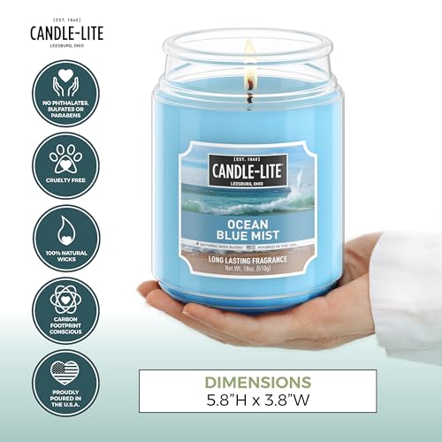 CANDLE-LITE Scented Ocean Blue Mist Fragrance, One 18 oz. Single-Wick Aromatherapy Candle with 110 Hours of Burn Time, Light Color (Individual Box)