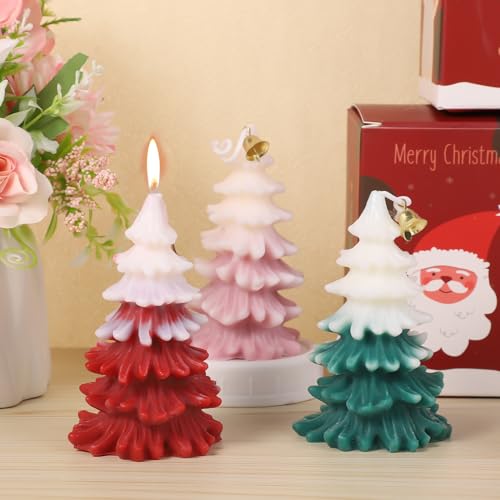 3pcs Christmas Tree Shape Candle with Bell, Christmas Themed Candle Christmas Scented Candle for Relaxation Party Holiday New Year Gift Decoration (Red, Pink, Green)