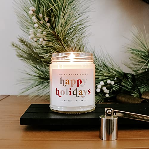 Sweet Water Decor Happy Holidays Soy Candle | Cinnamon, Trees, and Cloves Scented Candles for Home | 9oz Clear Jar, 40+ Hour Burn Time, Made in The USA | Christmas Candles for Home