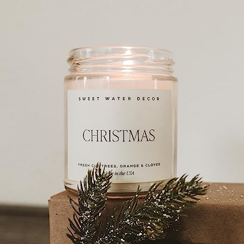 Sweet Water Decor Christmas Candle | Cinnamon, Trees, Orange, and Clove Scents | Christmas Candles and Decor for Home | 9oz. Clear Jar Soy Candle, Made in the USA