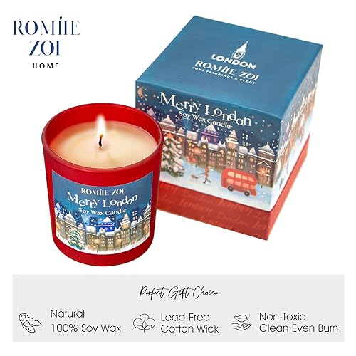 ROMIIE ZOI Christmas Scented Candle - 6oz Soy Wax Candle, Merry London, Infused with Cedar & Juniper Aroma - Night Blue Gift Box Packaged for Christmas Holiday Season Gift