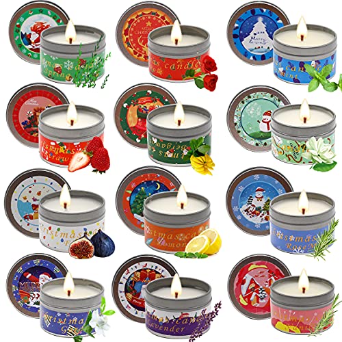Christmas Scented Candles Gift Set, 12 PCS 2.5oz Aromatherapy Candles Gifts for Women Soy Wax Candles Gift for mom Portable Travel Tin Jar Candles for Birthday, Thanksgiving, Mother's Day