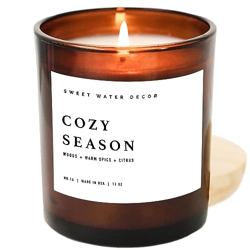 Sweet Water Decor Winter Soy Candles | Holiday Scented Candles for Home | 11oz White Jar + Wood Lid, 50+ Hour Burn Time, Made in the USA (Cozy Season, Amber - 11 oz)