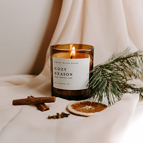 Sweet Water Decor Winter Soy Candles | Holiday Scented Candles for Home | 11oz White Jar + Wood Lid, 50+ Hour Burn Time, Made in the USA (Cozy Season, Amber - 11 oz)