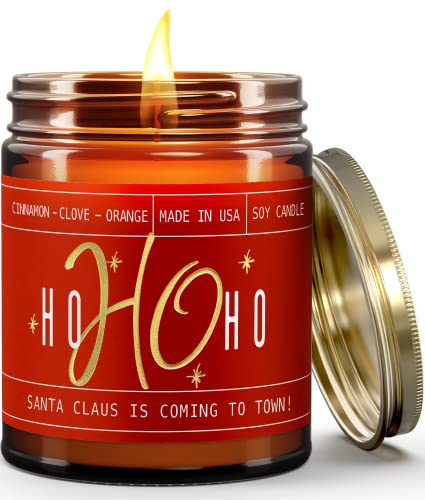 Christmas Candles, Christmas Candle for Holiday - 'Ho Ho Ho' Christmas Scented Candles, w/Clove, Orange & Cinnamon Candle I Stocking Stuffers for Women I 9oz Reusable Jar, 50Hr Burn, USA Made