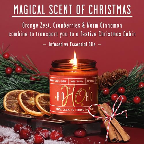 Christmas Candles, Christmas Candle for Holiday - 'Ho Ho Ho' Christmas Scented Candles, w/Clove, Orange & Cinnamon Candle I Stocking Stuffers for Women I 9oz Reusable Jar, 50Hr Burn, USA Made
