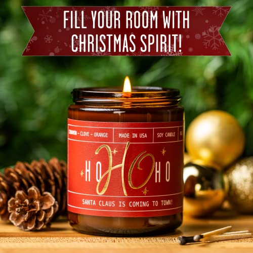 Christmas Candles, Christmas Candle for Holiday - 'Ho Ho Ho' Christmas Scented Candles, w/Clove, Orange & Cinnamon Candle I Stocking Stuffers for Women I 9oz Reusable Jar, 50Hr Burn, USA Made