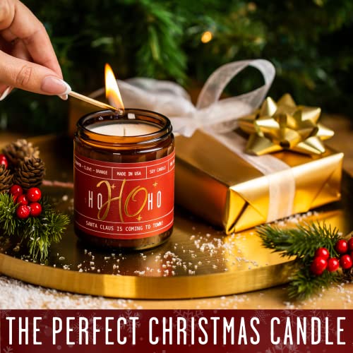 Christmas Candles, Christmas Candle for Holiday - 'Ho Ho Ho' Christmas Scented Candles, w/Clove, Orange & Cinnamon Candle I Stocking Stuffers for Women I 9oz Reusable Jar, 50Hr Burn, USA Made