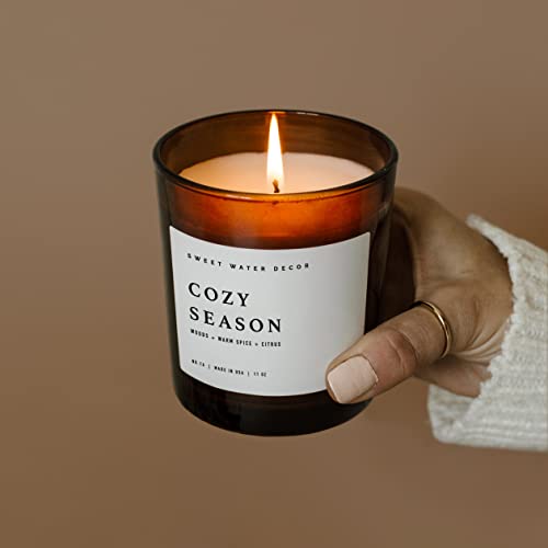 Sweet Water Decor Winter Soy Candles | Holiday Scented Candles for Home | 11oz White Jar + Wood Lid, 50+ Hour Burn Time, Made in the USA (Cozy Season, Amber - 11 oz)