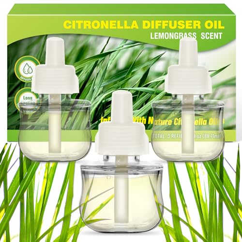 PlugIns Refills Air Freshener, Citronella Scented Oil Refills, 3-Pack Plug in Air Fresheners, Essential Oils Refills Compatible with Air Wick Scented Oil Warmers for Camping, Patio, Porches Outdoor