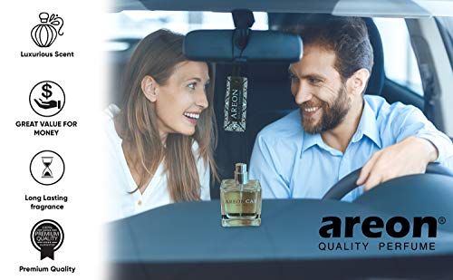 AREON Car Perfume Gold - Air Freshener in Glass Bottle - Luxury Odor Eliminator Spray with Absorber Hanging Pad - Unique Fragrance & Long-Lasting Aroma for Vehicle, Office, Home - Made in Europe, 50ml
