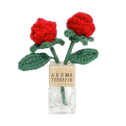 Empty Car Air Freshener Perfume Bottle Vent Clip with Crochet Knitted Rose flower Car Dashboard Decorations Cute Crochet Flower Car Air Conditioning Outlet Clip Accessories