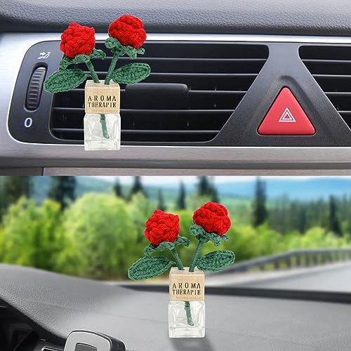 Empty Car Air Freshener Perfume Bottle Vent Clip with Crochet Knitted Rose flower Car Dashboard Decorations Cute Crochet Flower Car Air Conditioning Outlet Clip Accessories