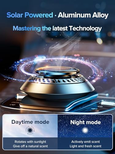 CEENIU 2024 New UFO Car Air Freshener, Solar Powered Auto Rotary, Aluminum Alloy, Supports DIY perfumes, Natural French Fragrance, Cologne & Mint ice, Two Oils, F21 Car Fresheners, Car Fragrance