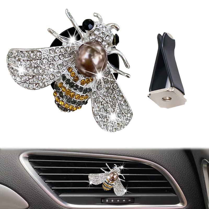 Shiny Bee Car Air Freshener Dashboard Outlet Vent Clips,Pearl Diamond Bee Car Perfume Car Air Conditioner Air Outlet Decoration Aromatherapy Clip,cute Bling Bee Charms Rhinestone Auto Interior Decorations Accessory (Silver)