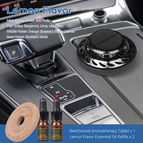 Car Air Freshener, Solar Rotating Car Essential Oil Diffuser with 2 Bottles Essential Oil Refills, Car Interior Decor Accessories, Odor Eliminator for Car Office Home (Lemon)