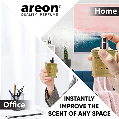 AREON Car Perfume Gold - Air Freshener in Glass Bottle - Luxury Odor Eliminator Spray with Absorber Hanging Pad - Unique Fragrance & Long-Lasting Aroma for Vehicle, Office, Home - Made in Europe, 50ml