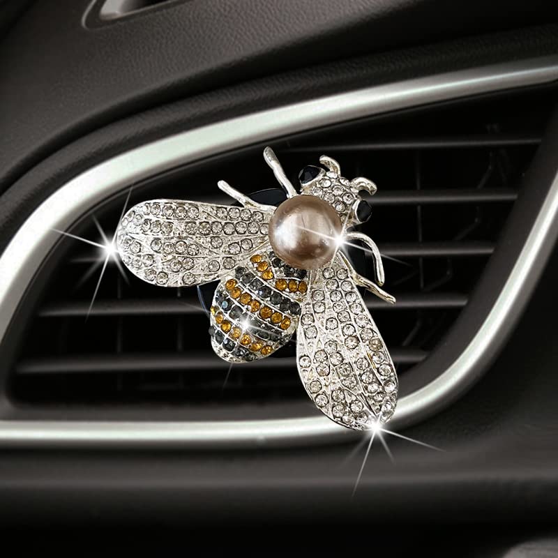 Shiny Bee Car Air Freshener Dashboard Outlet Vent Clips，Pearl Diamond Bee Car Perfume Car Air Conditioner Air Outlet Decoration Aromatherapy Clip，cute Bling Bee Charms Rhinestone Auto Interior Decorations Accessory (Silver)