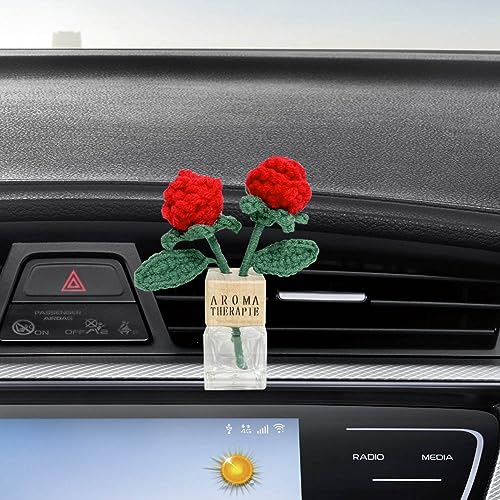 Empty Car Air Freshener Perfume Bottle Vent Clip with Crochet Knitted Rose flower Car Dashboard Decorations Cute Crochet Flower Car Air Conditioning Outlet Clip Accessories