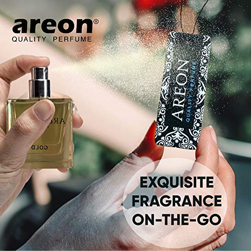 AREON Car Perfume Gold - Air Freshener in Glass Bottle - Luxury Odor Eliminator Spray with Absorber Hanging Pad - Unique Fragrance & Long-Lasting Aroma for Vehicle, Office, Home - Made in Europe, 50ml