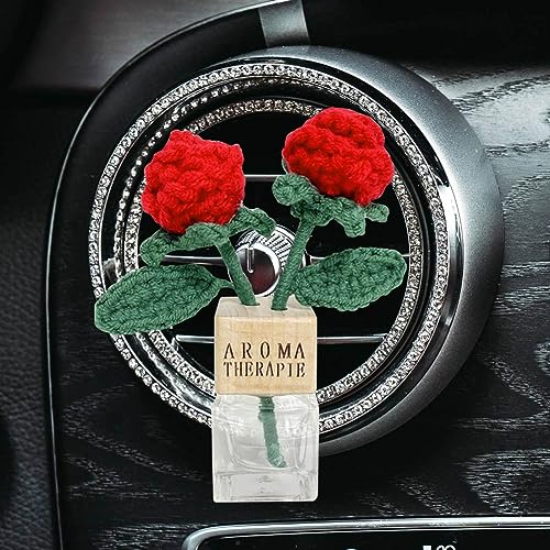 Empty Car Air Freshener Perfume Bottle Vent Clip with Crochet Knitted Rose flower Car Dashboard Decorations Cute Crochet Flower Car Air Conditioning Outlet Clip Accessories