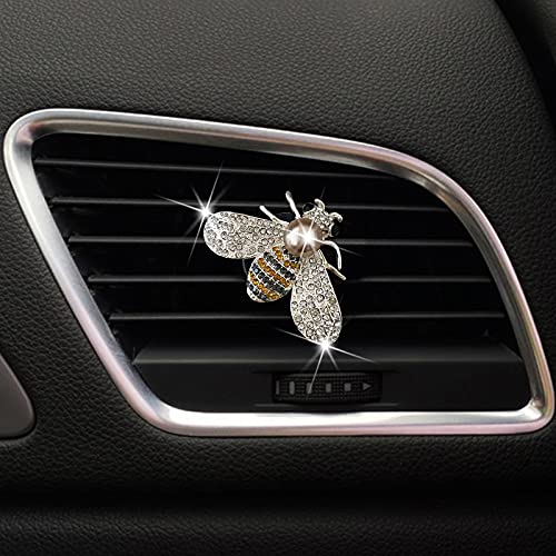Shiny Bee Car Air Freshener Dashboard Outlet Vent Clips，Pearl Diamond Bee Car Perfume Car Air Conditioner Air Outlet Decoration Aromatherapy Clip，cute Bling Bee Charms Rhinestone Auto Interior Decorations Accessory (Silver)