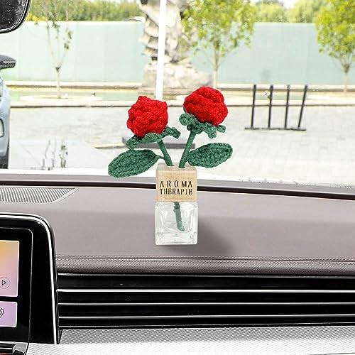 Empty Car Air Freshener Perfume Bottle Vent Clip with Crochet Knitted Rose flower Car Dashboard Decorations Cute Crochet Flower Car Air Conditioning Outlet Clip Accessories