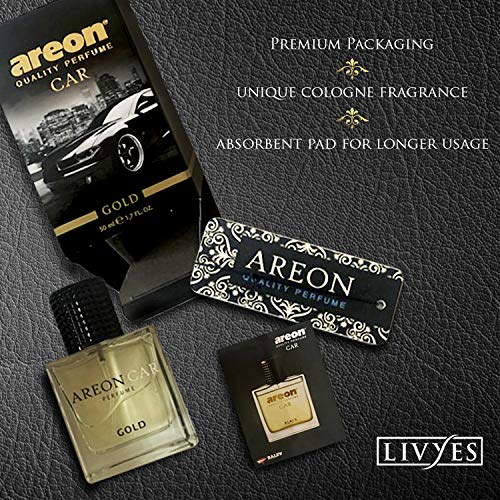 AREON Car Perfume Gold - Air Freshener in Glass Bottle - Luxury Odor Eliminator Spray with Absorber Hanging Pad - Unique Fragrance & Long-Lasting Aroma for Vehicle, Office, Home - Made in Europe, 50ml