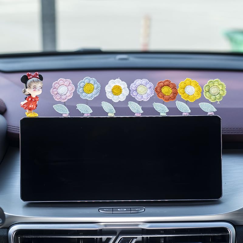7Pcs Sunflower Car Accessories Dashboard Decorations, Car Perfume Diffuser, A Swinging Knitted Car Decor for Cute Women, Car Interiors Desktops Televisions Bathrooms Bedside Table Decorations
