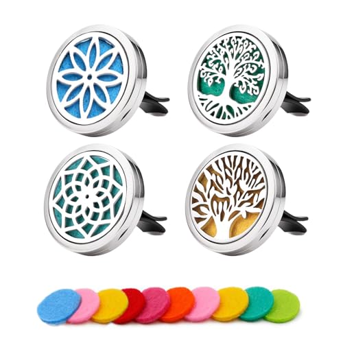 4 Pack Car Difusser Aromatherapy Essential Oil 30mm Stainless Steel Locket with Vent Clip 10 Felt Pads